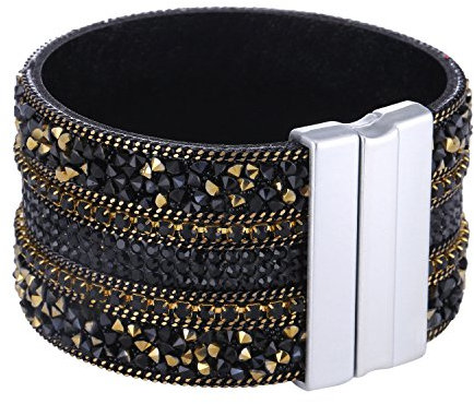 Morella Damen Glitzerarmband breit verziert mit Zirkoniasteinen und Magnetverschluss schwarz Gold
