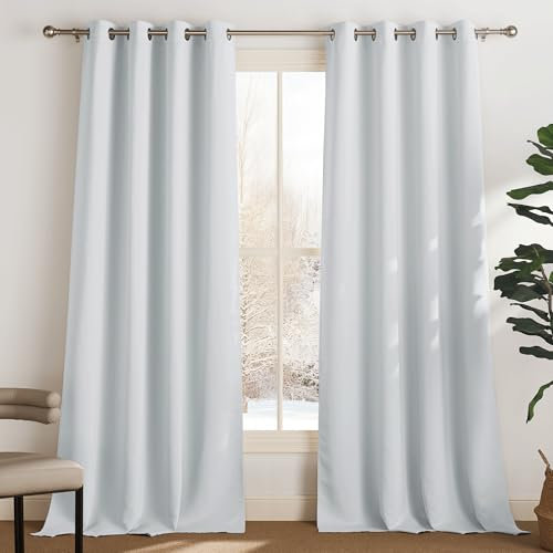 PONY DANCE Thermovorhang gegen Hitze Blickdichte Gardinen mit Ösen 2er Set H 240 x B 140 cm Verdunklungsvorhänge Übergardinen Wohnzimmer Thermal Curtains, Grau-weiß