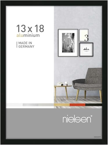 nielsen Bilderrahmen, 13 x 18 cm, Aluminium, Schwarz glanz, Fotorahmen zum Auftstellen und Aufhängen im Hoch- & Querformat, Echtglas, Pixel