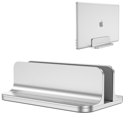 OMOTON Soporte Laptop, Atapta a Macbook Pro/Air, Otras Portátiles y Netbooks, Vertical Soporte para Ordenador de Aluminio con Base Ajustable, Plata