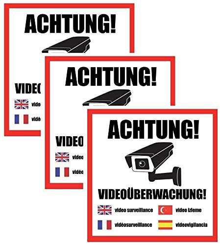 3X Achtung! Videoüberwachung Aufkleber, Hinweis Warnaufkleber Kamera 4 Sprachen