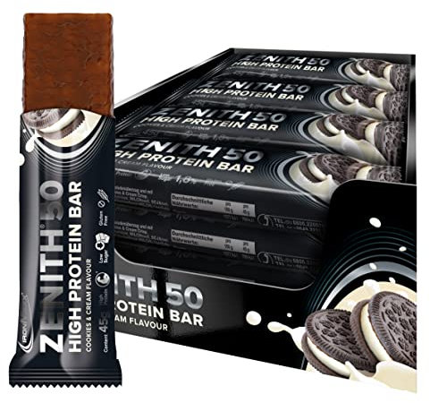 IronMaxx Zenith 50 High Protein Bar - Cookies & Cream - 16x45g | Eiweißriegel mit 50% Protein | Low Sugar Snack mit cremiger Umhüllung | High Proteinriegel für Muskelaufbau, Diät & Fitness