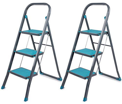 Beldray COMBO-5209 Set of 2 Portable Step Ladders, 3-Step Folding DIY Ladder, Durable Steel Base, Foldable for Compact Storage, Anti-Slip Feet for Added Safety, Outdoor and Indoor Use, Turquoise/Grey