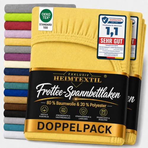 EXKLUSIV HEIMTEXTIL Frottee Spannbettlaken Doppelpack 90-100 x 200 cm 80% Baumwolle, 20% Polyester Öko - Tex Zertifiziert, Markenqualität, Matratzenhöhe bis 25 cm, Gelb