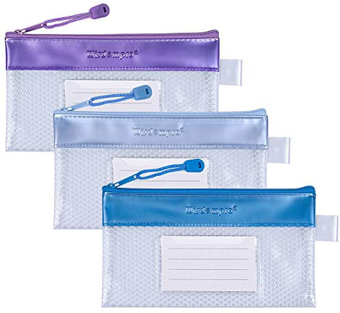 wisdompro Zipper Receipt Holder Folder, 3 Packs Receipt Pouch Bag, Small Plastic Wallet with Label Pocket Organizer for Bills, Cash, Invoice, Office, School or Travel Supplies