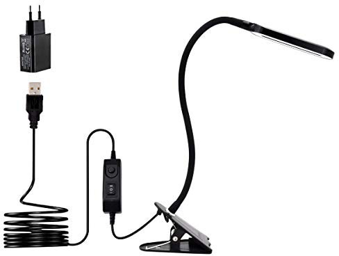 CeSunlight LED Klemmleuchte als Leselampe, Schminklicht, Schreibtischlampe, 3 Farbtemperaturen, 2 Helligkeiten, Klemmlampe USB, LED Lampe dimmbar, Tageslicht, 2 m USB-Kabel und Netzteil (schwarz)