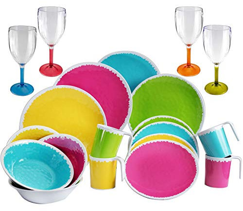 #11 Camping Geschirr Set aus Melamin mit Gläser für 4 Personen in BUNTEN Farben 20 Teile - Große, kleine Teller, Schälchen, Weinglas - sehr robust - farbecht - sommerliches Design farbenfroh