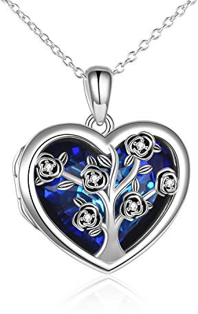 AOBOCO Halskette mit Herz-Medaillon, Baum des Lebens, 925er Sterlingsilber, keltischer Knoten, Halskette mit blauen Kristallen aus Österreich, Muttertagsschmuck, Geschenke für Frauen, Sterling Silber