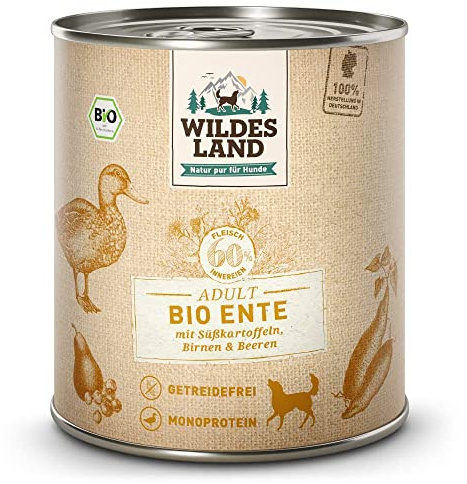 WILDES LAND – Ente | Nassfutter mit extra hohem Fleischanteil und natürlichen Zutaten für ausgewachsene Hunde. Getreidefreies Alleinfutter ohne Zusatzstoffe in der Dose | 24x800g Ente