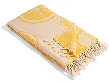 InfuseZen Türkisches Handtuch, wendbar, 100 % Baumwolle, Zitronen-Muster, schnell trocknend, dünnes Pestemal, türkisches Strandtuch, saugfähig, 167,6 x 91,4 cm (Zitrone)