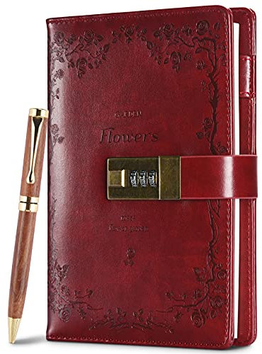 Locked Journal, PU Lock Dairy with Pen, Password Notebook with Lock, Sketchpad, Refillable Diary, Lined Paper Gift for Girls, Boys (Red)