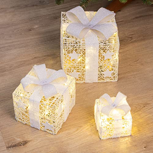 LED Geschenkboxen mit Timer 3er Set - WEIß - Weihnachts Dekoboxen warm weiß beleuchtet - Weihnachten Advent Winter Christbaum Deko Beleuchtung Batterie betrieben