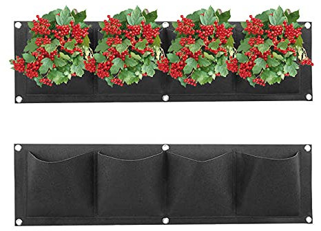 Ohiyoo Hanging Planter 2 Pack 4 Pocket Hanging Vertical Wall Planter Planting Grow Bags Gardening Vertical Greening Flower Container Storage Bags Planting Bag (Black)