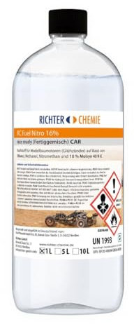 RC Fuel 16% Fertiggemisch, Race Ready CAR Kraftstoff für Modellbaumotoren (Glühzünder) On/Off-Road auf Bio-Ethanol Basis 1-Liter