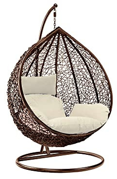 Rattan Swing Egg Chair Hanging Garden Hammock with Cushions & Stand Outdoor Indoor Furniture (Brown Egg Chair & White Cushion)