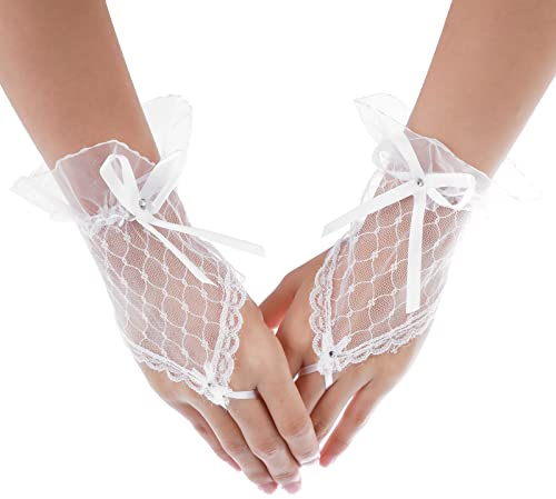 Yolev Wedding Fingerless Rhinestone Lace Gloves for Brides and Bridesmaids Lace Bow Short Gloves for Banquet Party Wedding
