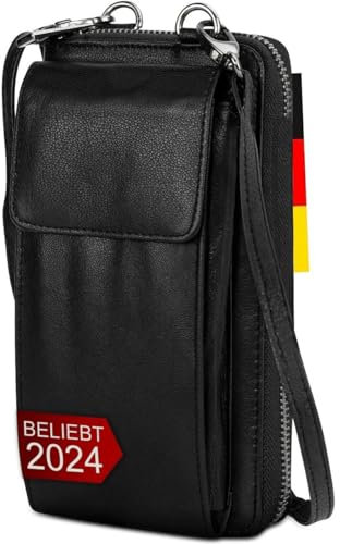 FLEXIBILITE® Handytasche Zum Umhängen Mit Portemonnaie (Handyfach 18×9×3 cm - Tasche 20×12×5 cm) - Echt Leder Handy-Umhängetasche Damen - Handytasche Mit Geldbörse - 220 g - Schwarz [2026]