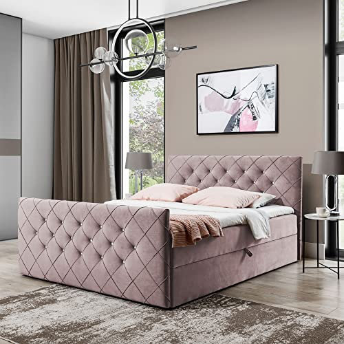 Boxspringbett Doppelbett MONAKO - Bett mit Bonellmatratze, mit Bettkasten für Bettwäsche und Topper. Gepolstertes Kopfteil und Fussteil mit Einer eleganten Steppung verziert (Altrosa, 120x200)