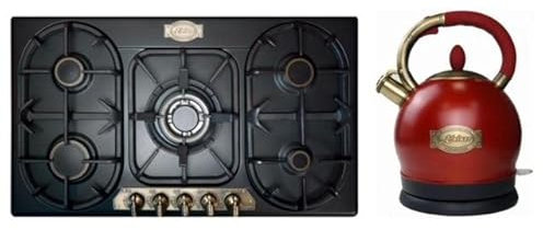 Kaiser KG 9325 Em Gas-Kochfeld,90cm,Einbau Herd, Emaliert Schwarz, 3,8 KW WOK,Gas-Control,Erdgas, Propangas+WK 2000 RotEm Exklusiver Retro Wasserkocher Kontroll LED 2 L 1800W