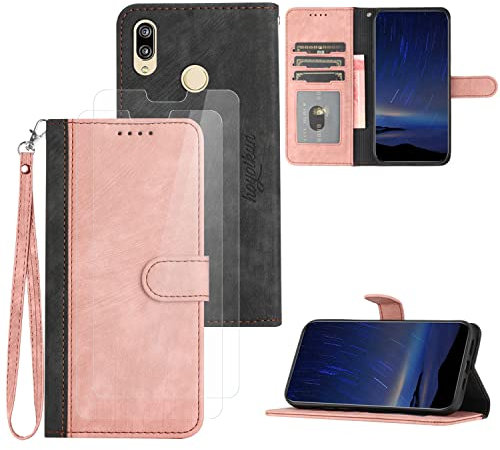 Hoyoikun Flip Custodia in Pelle PU Premium per Huawei P20 Lite+(2 Pezzi Vetro Temperato).Custodia Sottile in Pelle per Telefono,Premium PU/TPU,Supporto Stand,Chiusura Magnetica viola-Rosa