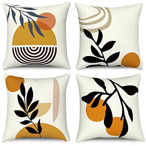Kissenbezug Boho 45x45 4er Set, Hnmdmyi Abstraktes Blatt Pflanze Sonne Regenbogen Dekorative Kissenbezüge Geometrisch Minimalistisch Modern Kunst Ästhetisch Leinen Kissenhülle für Sofa Bett Home Decor