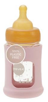HEVEA Plastic-Free Wide Neck Glass Baby Bottle with Sleeve - Slow Flow Anti Colic Baby Bottles Newborn 0+ months - Eco-friendly, BPA-free, Single-pack (150 ML)