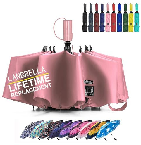 LANBRELLA Regenschirm, kompakt, umgekehrt, zusammenklappbar, automatisches Öffnen, automatisches Schließen, C2,5, Rosa