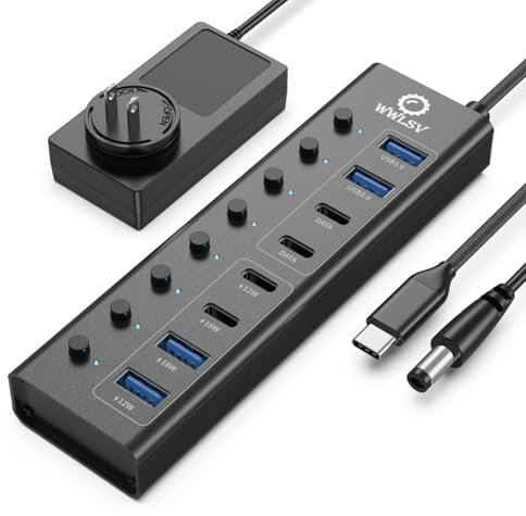 USB 3.0 Hub, 8 in 1 Powered USB Hub Adapter with 2 USB-A 3.0 Ports, 2 USB-C Data Ports, 4 Charging Ports, 65W Power Adapter, Individual On/Off Switches, USB Hub Splitter for Laptop/PC