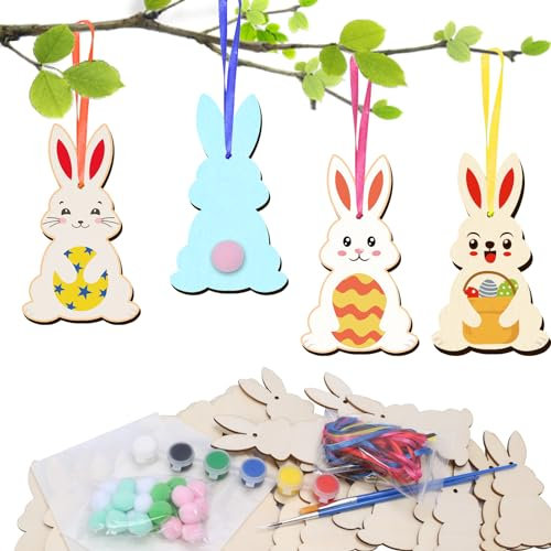 WEDNOK 24 Stück Osternhasen zum Bemalen Ostern Holz Basteln DIY Hasen Bastelset Osteranhänger Kreativsets Bastelhandwerk Osterndeko Geschenke für Mädchen Jungen Osterszeit Frühling