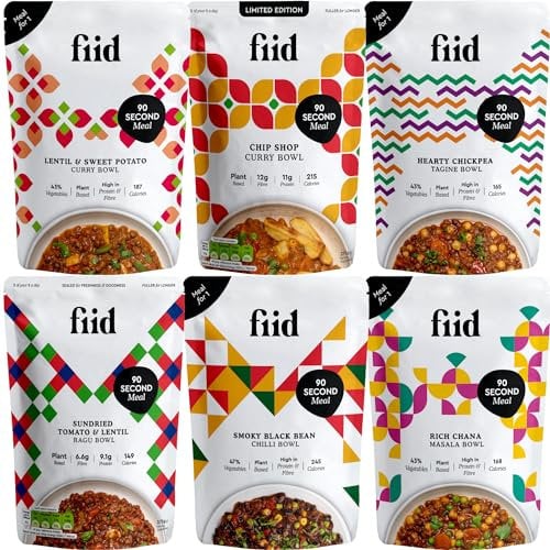 Fiid 100% Natural Vegan Microwave Ready Meals Flavour Multipack - 6x 275g Pouches - 6 Flavours (Vegetarian Food Pouch, High in Fibre & Protein & Low in Sugar)