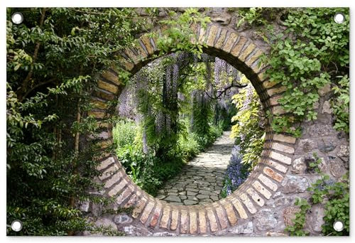 MuchoWow© Gartenposter 60x40 cm Outdoor Bilder Gartendeko für draußen Wetterfest Garten Deko Modern Geschenke Banner Draußen Bild Wald - Steine - Aussicht - Weg