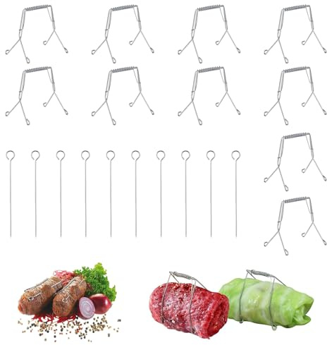 Pack of 10 roulade clips, made of stainless steel, reusable, with 10 pieces of 15 cm roulade needles, roulade skewers, roulade clips for quick and easy production