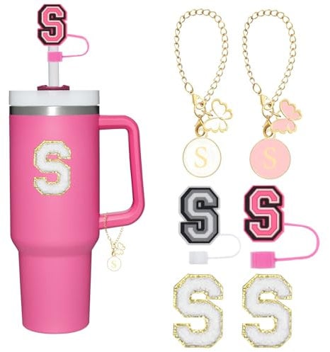 Reusable Straw Cover for Stanley Cup Accessories,2Pcs Dustproof Straw Covers with Letter Charms and Personalized Name Stickers(S)
