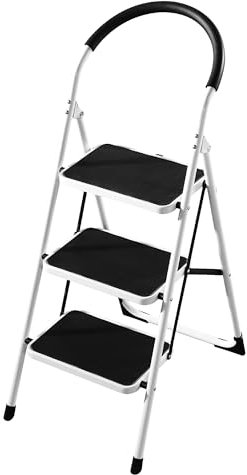 Rijoka Klapptritt 3 Stufen – Klappbar Haushaltsleiter – Stahl – bis 150kg Belastung – Anti-Rutsch - Weiß
