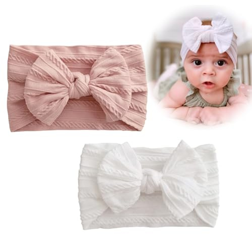 2er-Pack Baby-Haarbänder, Baby-Mädchen-Stirnbänder aus Nylon, Baby-Schleifen-Stirnbänder, weiche Schleifen-Stirnbänder, elastische Haarbänder für Neugeborene und Kleinkinder (rosa und weiß)