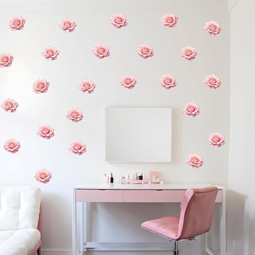 Aquarell Rosen Wandtattoos, 24 große Boho Sticker aus Stoff, abnehmbar und repositionierbar, leicht abziehbare Wanddeko (Hellrosa)