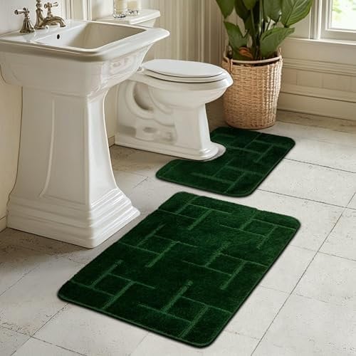 AKCILA Teramo Grün Badteppich Set 2-teilig, Rutschfester , Rechteckig, Bunt, Badematten & Badteppiche, Badezimmerteppich , Bad Vorleger waschbar