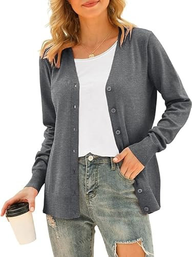 Yommay Cardigan da donna, autunno, inverno, morbido, leggero, a maniche lunghe, casual, con scollo a V, con bottone, A01-grigio scuro, XXL