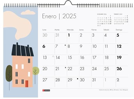 Miquelrius - Calendario de Pared 2025, Calendario A3: 420 x 296 mm, Con espacio para anotar, Calendario 2025, Encuadernación espiral doble, Calendario anual para colgar, Español, Diseño Casas