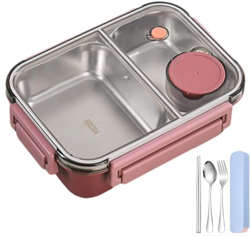 Generisch Escentio Lunch Box, Stainless Steel Bento Box Adult Lunch Box, Portable Adult Bento Box, Leakproof Stackable bento Box Large Capacity Dishwasher Safe Lunch Container (2-Grid,Red)