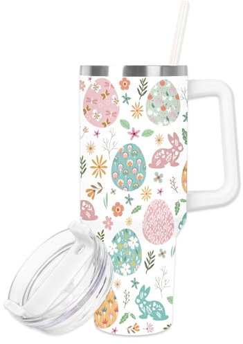 FYSUIMU Osterbecher mit Griff, 1,2 l, Ostereier, Hase, Blumen, Becher mit Deckel und Strohhalm, bunt, für Ostern, Frühling, Zuhause, Büro, Reisen