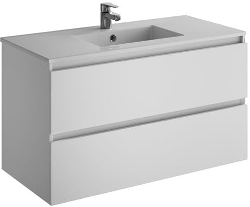 Jacob delafon Conjunto Mueble de baño y Lavabo de 100 cm Mueble Blanco con 2 cajones de Cierre amortiguado Lavabo Plano. Ola EB1352-N01