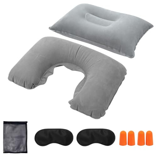 2 Stück Aufblasbare Reisekissen Set – U-Kissen & Quadratkissen – Ultra-Kompakt, Leicht & Preiswert – Mit Augenbinde, Ohrstöpseln & Tragenetz – Perfekt für Camping, Flugzeug, Auto & Reisen – Grau