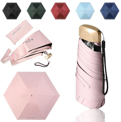 Tirimbeles® Paraguas Plegable Mini | Mini Paraguas Plegable de Viaje Compacto y Ligero | Sombrilla Plegable Protección UV 50+ | Funda de Tela | Ideal para Lluvia y Sol en Viajes o Vacaciones (Rosa)