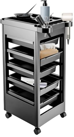 MEHOOSPVN Friseurwagen, Salon Rollwagen mit 5 ausziehbaren Schubladen Friseurwagen für Stylist Friseur Haarstyling, Kosmetikwagen 50*32*81cm, Beauty Salon Trolley, Arbeitswagen Friseurboy, Schwarz