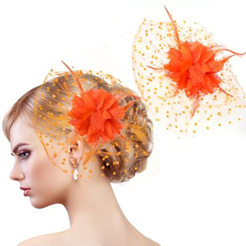 MWOOT Pince à Cheveux Fleur avec Plumes, Barrette Cheveux Fleur de Plumes Orange, Années 1920 Fascinateur Maille pour Femmes, Élégant Accessoires Cheveux pour Cocktail Mariage Goûter Noël