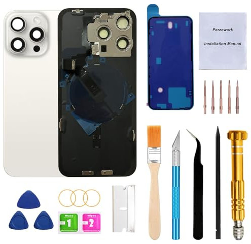 Perzework OEM Rear Back Glass Replacement for iPhone 15 Pro Max 6.7-inches with Reparing Tool Kit and All Necessary Parts (White Titanium)