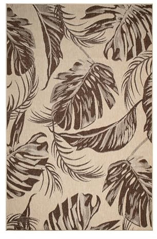 oKu-Tex In- & Outdoor Teppich UV-resistenter Teppich für draußen und drinnen Floral Monstera Muster Balkon, Veranda, Küche, Bad Sisaloptik beige braun, 200 x 290 cm