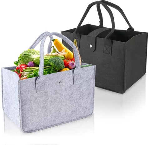 Ledebouk 2 Stück Filztasche Einkaufstasche, Filztasche Shopper 30 x 20 x 18 cm Klein, Faltbar Und Wiederverwendbar, für Arbeit Reisen Picknick Filztaschen Shopper (Schwarz Grau)