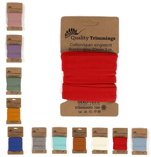 Die Stofftante Jersey Schrägband | vorgefalztes, elastisches Einfassband | aus Baumwoll-Jersey | Coupons á 3 Meter x 20mm (rot)
